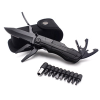 Pince multifonction pliable en acier noir avec jeu de tournevis, couteau de poche et clé pour activités de plein air, pêche et voyage
