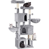 Grand arbre à chat de luxe en bois et papier de 64,57'' avec plusieurs niveaux, centre d'activités pour plusieurs chats, condo confortable, hamac, perchoirs et griffoirs