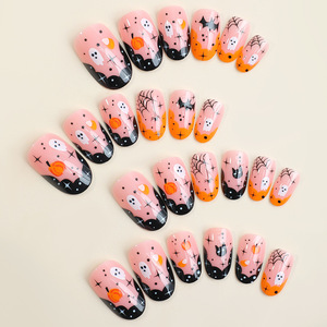 Uñas Postizas de Halloween con Diseño de Almendra, Cobertura Completa, en Rosa, Negro y Naranja, con Fantasmas, Murciélagos y Telarañas - Product Image 3