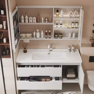 Meuble-lavabo mural moderne blanc avec panneau en mélamine de bois massif, finition laquée, miroir intelligent pour usage hospitalier - Product Image 2