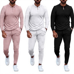 Ensemble de survêtement pour homme, couleur unie, demi-zip, manches longues, vêtements décontractés avec poches latérales, polyester mi-lourd, style printemps - Product Image 1