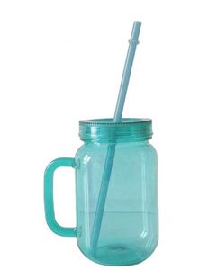 Reusable <b>Plastic</b> Mason Jar Cup With Straw 14 Oz Blue Green Retro Design For Outdoor Camping Adults TF-7007 - Product Image 3