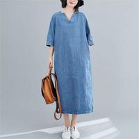 Vente en gros de robe bleue décontractée à manches courtes col en V robe longue en denim de coton à la mode pour femmes fentes avec poches