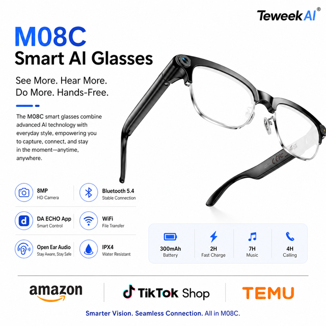 M08C AI Smart Glasses 1080P Camera Video Photo Recorder WiFi Transfer Dual Mic ENC Business Travel Tool