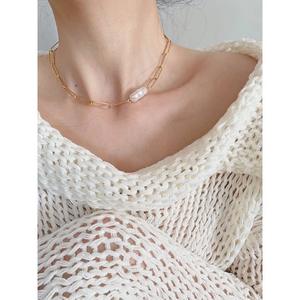 Collar de Perlas de Agua Dulce Barrocas Naturales de Viento Frío para Mujer, Diseño Versátil de Cadena Grande, Collar de Perlas Cruzado para la Clavícula - Product Image 2