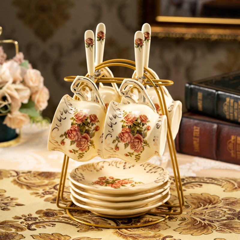 Rose 4 tasses 4 assiettes porte-cuillère, résistant à la décoloration pendant 10 ans