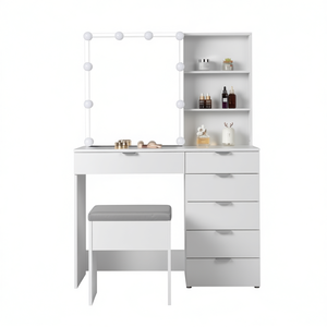 Ensemble de coiffeuse blanche FCH avec miroir éclairé, 6 tiroirs, 2 étagères, design moderne, meubles de chambre à coucher - Product Image 1