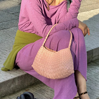 Tas Tote Wanita Kulit Asli Anyaman, Bukaan Terbuka, Portabel, Tas Tangan Fashion Kecil, Lapisan Poliester, Kapasitas 1-1.9L