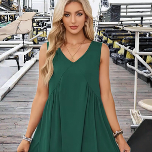 Robe Courte d'Été Décontractée pour Femme, Col V Plissé, Sans Manches, avec Poches, Style Babydoll Mignon, en Tissu Laineux Uni - Product Image 2