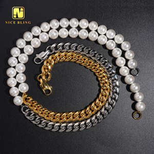 Delicado collar de perlas pulseras 18K chapado en oro cadenas de acero inoxidable media perla medio collar de eslabones cubanos para hombres y <span class=keywords><strong>mujeres</strong></span> - Product Image 1