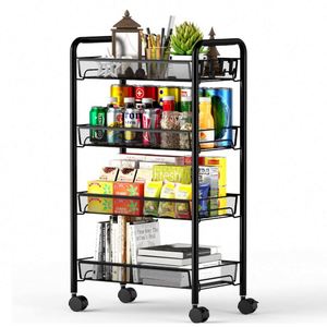 Étagères de rangement avec roulettes, chariot à roulettes, paniers de rangement en fil métallique, chariot de bureau roulant, organisateur à 4 niveaux, accessoires de cuisine en métal, fer - Product Image 1