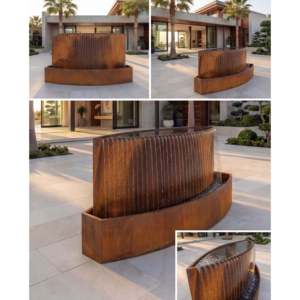 Fuente de agua curva de acero corten H100 x W210 x D70 cm con iluminación LED para jardines, hoteles y villas al aire libre - Product Image 2