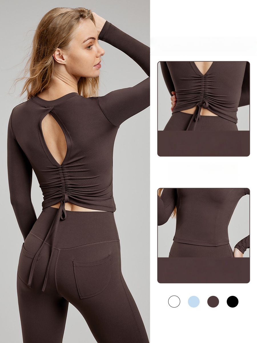Pleated Drawstring Hollow Back Fitness Yoga Top Four-Way Stretch Long Sleeves Padded Gym Crop Top for Women