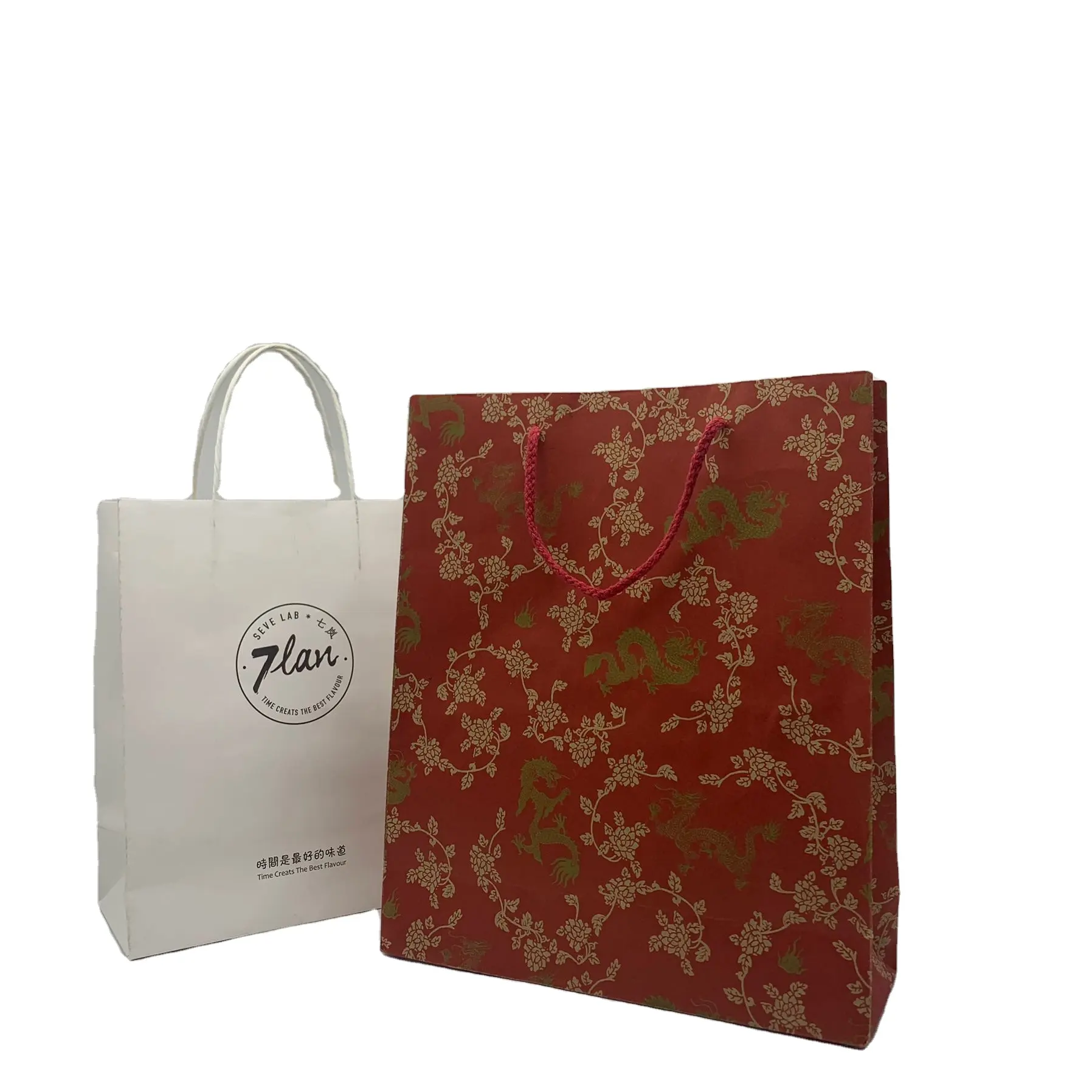Sacchetto di carta regalo per acquisti in cartone bianco personalizzato con fiori rossi