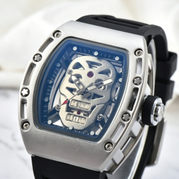 Hollow Skull Dial Automatic Mechanical Watch Tonneau Case Rubber Strap Men Luxury Sport Wristwatch