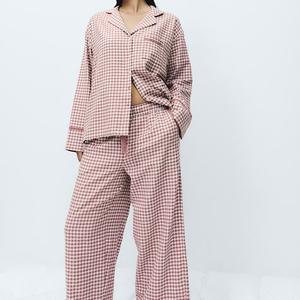 Customized Long Sleeved plus size Solid Color Sleepwear Checkered Pure Cotton Plaid Woven Women's Pajamas Set Home Wear - Product Image 1