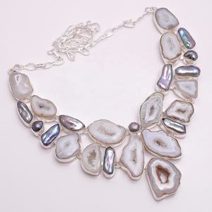 <b>Solid</b> 925 <b>Silver</b> Statement <b>Necklace</b> Natural Solar Quartz Druzy Gemstone Colorful Link Chain Jewelry for Engagement Gift Party - Product Image 1