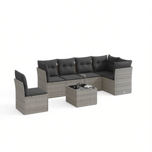 Ensemble de canapés de jardin en rotin gris 6 places, mobilier d'extérieur contemporain avec structure en acier et verre trempé - Product Image 1