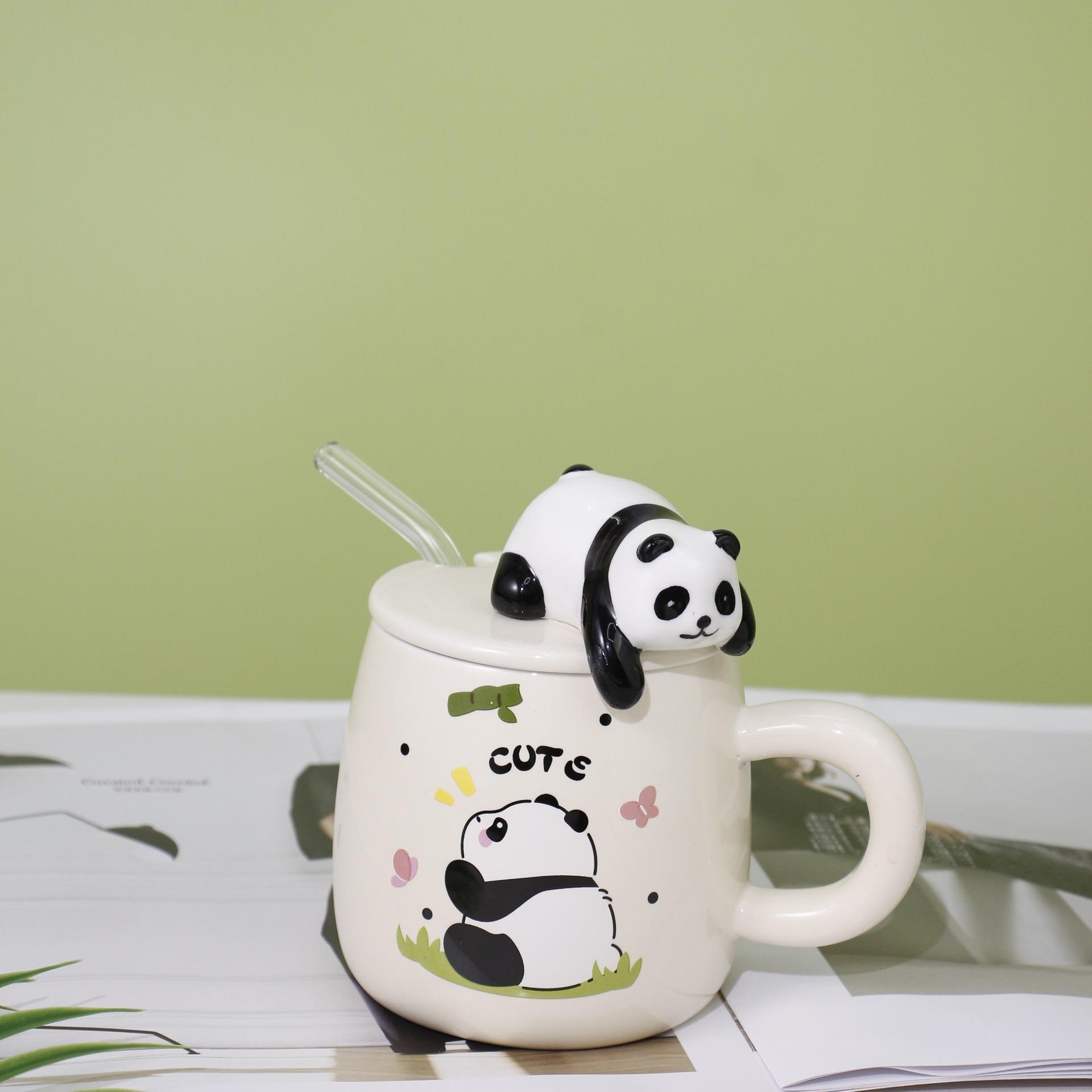 400ml Creative Cute Ceramic Panda Coffee Cup with Lid and Glass Straw Embossed Cartoon Design for Household or Office Use