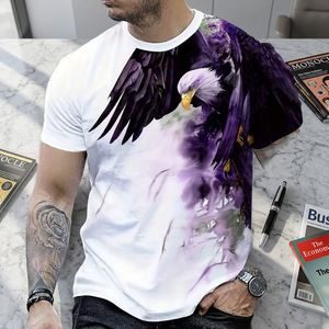 <b>Men's</b> Slim Fit Short Sleeve T-Shirt With 3D Purple Eagle Print O-Neck Casual Breathable Knitted Polyester Shirt - Product Image 1
