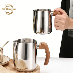 Kingze เหยือกนมสแตนเลส600มล. 1000มล. ถ้วยเอสเพรสโซ่พร้อมที่จับไม้ - Product Image 1