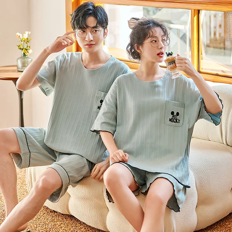 New spring and summer pajamas couples short-sleeved men's and women's cotton nightdress Korean version casual student home cloth
