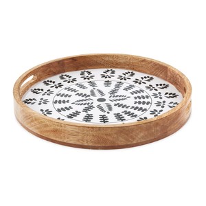 Bandeja Redonda de Madera Maciza con Base Decorativa Impresa y Plato Moderno para Servir Café y Té en Venta - Product Image 1