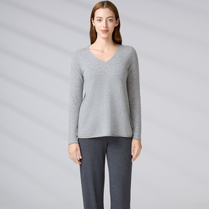 Suéter de Cachemir 100% al por Mayor, Jersey de Punto de Manga Larga, Top Informal de Otoño para Mujer, Gris, Cuello en V - Product Image 3