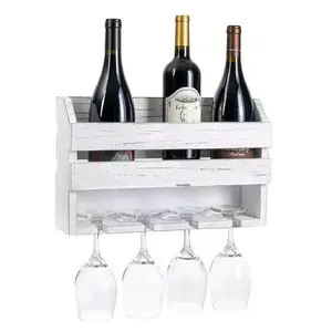 Tempat botol anggur kayu terpasang di dinding rak anggur kayu putih pedesaan gantung dengan rak pengering kaca