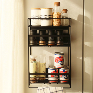 3 Tier Metal Magnetic Fridge Organizer Spice Rack For Refrigerator Jar Storage Shelf With Paper Towel Holder