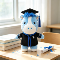 Boneka Kuda Wisuda Custom, Topi dan Jubah Wisuda, Boneka Maskot Kuda Biru Lucu, Isi Kapas PP, Bordir, OEM ODM, MOQ Rendah