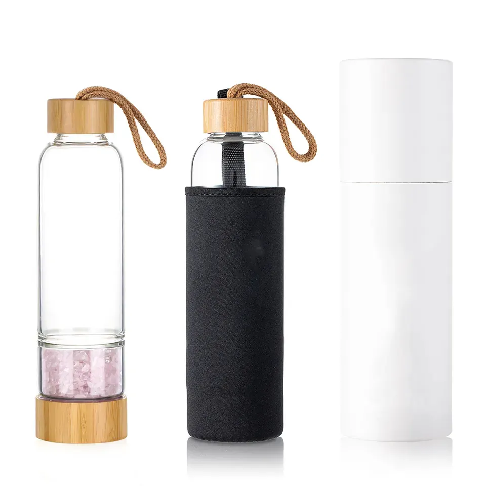 Wholesale Natural Rose Quartz Bamboo Energy Crystal Infused Gemstone Glass Drinking Water Bottle