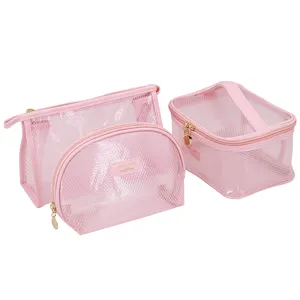 Sampel Tas Makeup Perjalanan Tas Kotak Transparan Bening Gagang Tahan Air Tas Makeup Kosmetik Tas Travel Pink