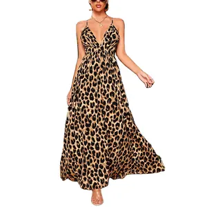 Dames Elegante Diepe V-Hals Mouwloze Rugloze Sexy Maxi Jurk Met Luipaardprint Sexy Feestjurk Voor Dames