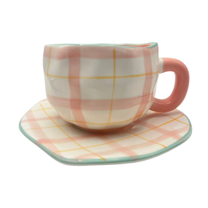 Classic Retro Ins Flower Pink Porcelain <b>Reusable</b> Tea <b>Cup</b> Saucer Set Hand-Kneaded Asymmetrical Dessert Plate Mug for Cafe Coffee - Product Image 3