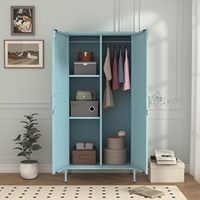 Armoire Métallique Haute Vintage Bleue Verrouillable, Autoportante, en Acier Laminé à Froid, avec Portes à Charnières Arquées Gaufrées et Pieds Surélevés, pour la Maison