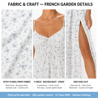 Robe midi pour femme, personnalisée, à imprimé floral, à bretelles spaghetti, col en V, froncée, coupe trapèze, avec fente cuisse, été, fabricant OEM, vente en gros