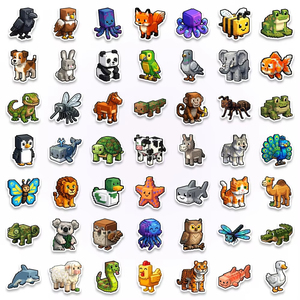 50 autocollants animaux pixelisés style dessin animé, caricatures pour décorer cahiers, bouteilles d'eau, cadeaux <span class=keywords><strong>de</strong></span> fête d'anniversaire - Product Image 1