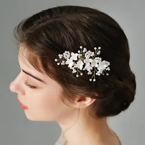Bridal Hair Accessories Handmade Bead Pearl Hair Comb Luxury Ceramic Flower Women's Wedding Hair Comb