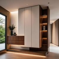 Meuble à chaussures flottant moderne avec tiroirs de rangement sans poignée et éclairage LED, finition noyer blanc, pour salon