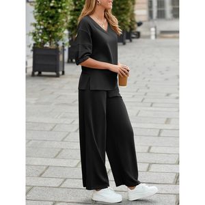 Fisoew Ensemble de survêtement 2 pièces pour femme, haut décontracté à col en V, pantalon à jambes larges, tenue de sport ample - Product Image 4