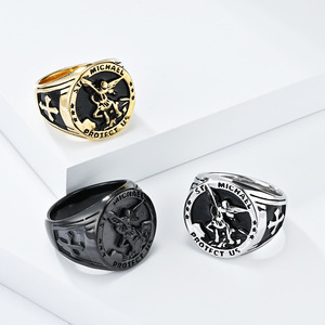 yunnique style retro Saint Michael Archangel <b>titanium</b> steel <b>ring</b> for men, personalized niche punk hip-hop style rin - Product Image 1