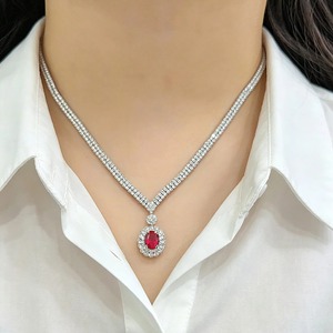 Collier pendentif ovale en rubis naturel de luxe, or 18 carats, pavé de diamants, ligne en V, bijoux fins pour femmes - Product Image 1