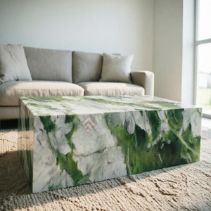 Elegant Modern Coffee <b>Table</b> Natural Stone Glacier Green <b>Marble</b> Cube Plinth Living Room - Product Image 4