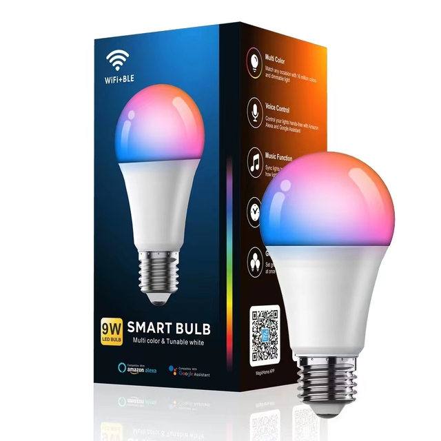 9W WiFi Smart Light Bulb E27 LED RGB Lamp Work with Alexa/Google Home  Smart Life APP Dimmable RGB+White+Warm White
