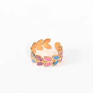 Fashion 18K Gold Plated Stainless Steel Enamel Leaves Shape Band Rings No Fade Leaf Flower Open Rings For Women Girls Jewelry