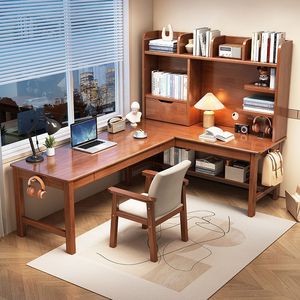 Escritorio esquinero de madera maciza con estantería integrada, escritorio de estudio para el hogar, dormitorio, escritorio de estudio para estudiantes, 140x120x130cm - Product Image 2