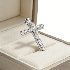 CUSTOM SILVER 10K/14K/18K GOLD PLATED LAB GROWN CVD DIAMOND CLASSIC ENGAGEMENT GIFT SWEATER <b>CHAIN</b> NECKLACE <b>CROSS</b> PENDANT - Product Image 4