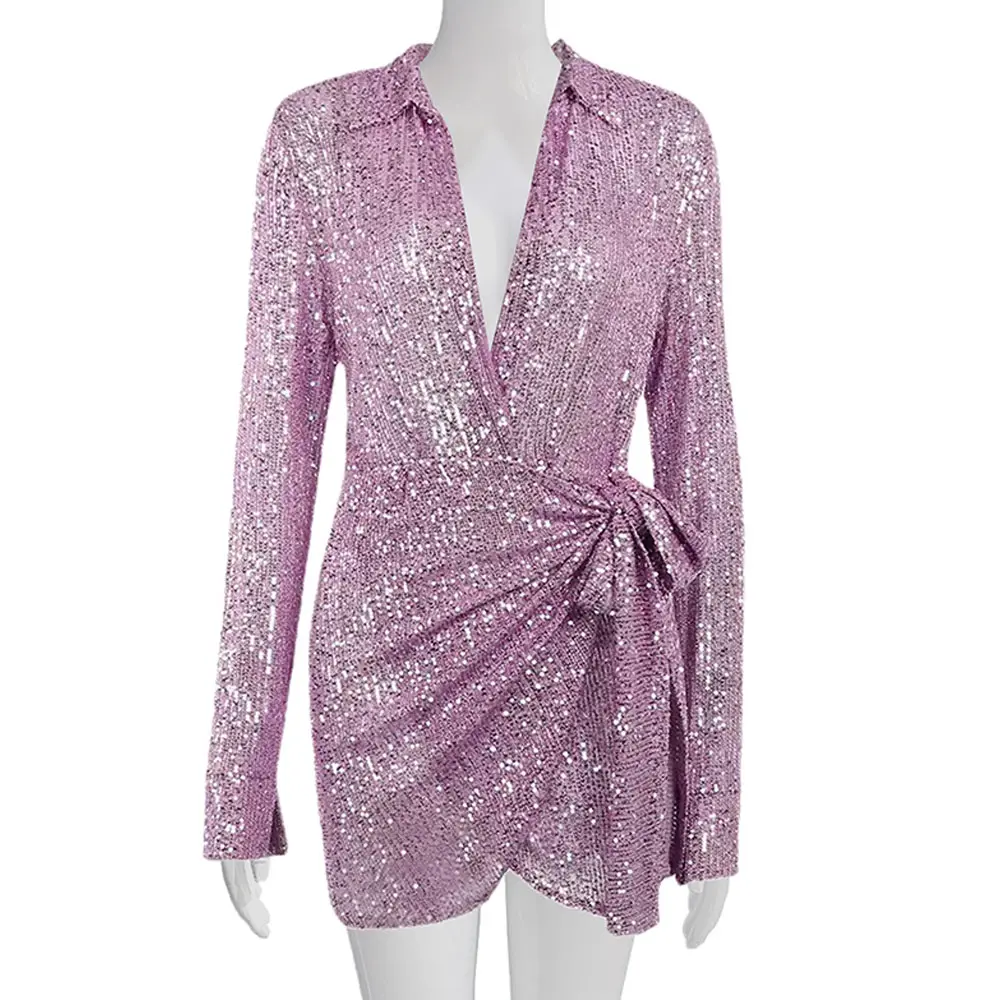 Custom mini dresses club party sequins pink purple deep v neck dress