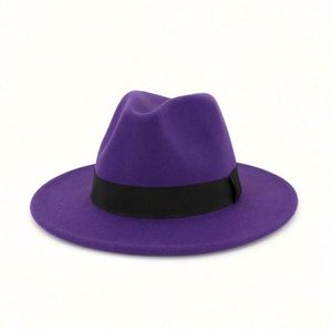 Chapeau Fedora élégant pour homme en feutre 100% laine à large bord avec bande imprimée noire - Product Image 6